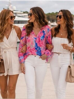 Lilly Pulitzer Willa Flounce Top Pink Playa Hermosa Print Long Sleeve Blouse